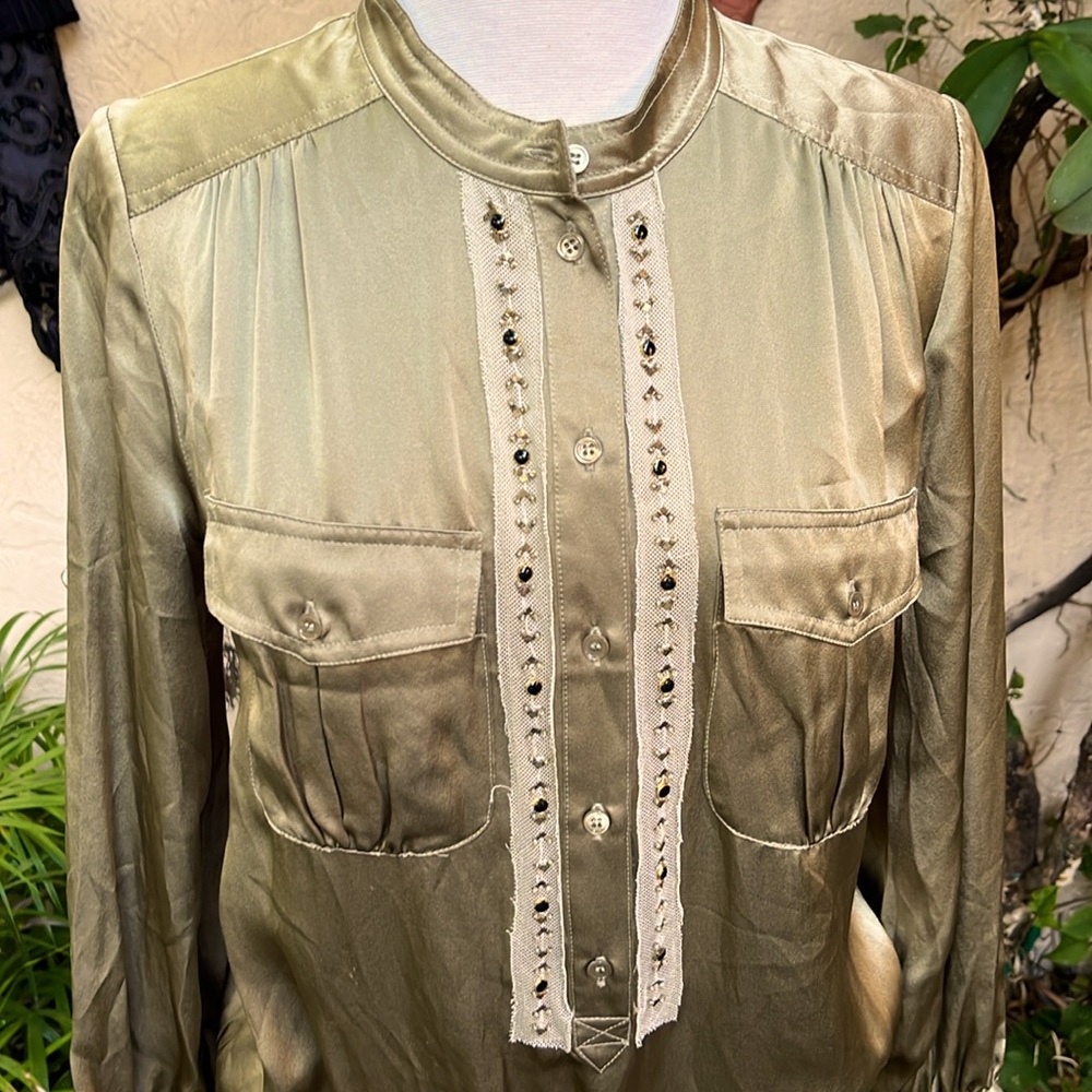 BARBARA BUI Olive green silk dress with sash.